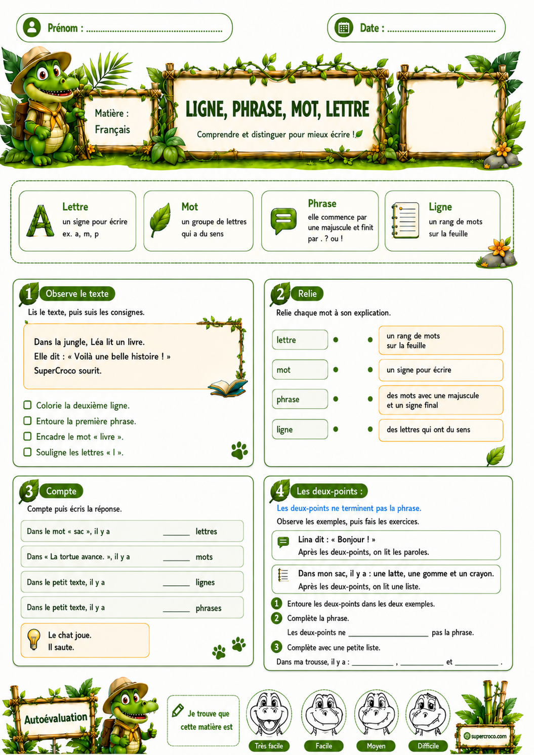 Feuille d’exercices de français P2 / CE1 sur les notions de ligne, phrase, mot et lettre, avec des activités de repérage, de comptage et une initiation aux deux-points.