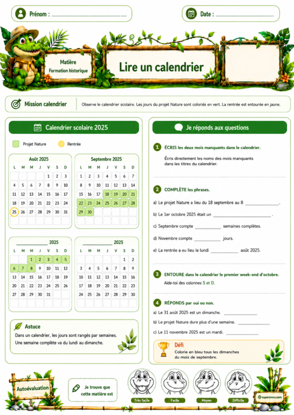 Feuille d’exercices P2 / CE1 sur la lecture d’un calendrier, avec des calendriers scolaires de 2025 et des questions pour repérer les mois, les jours, les dates et les week-ends.