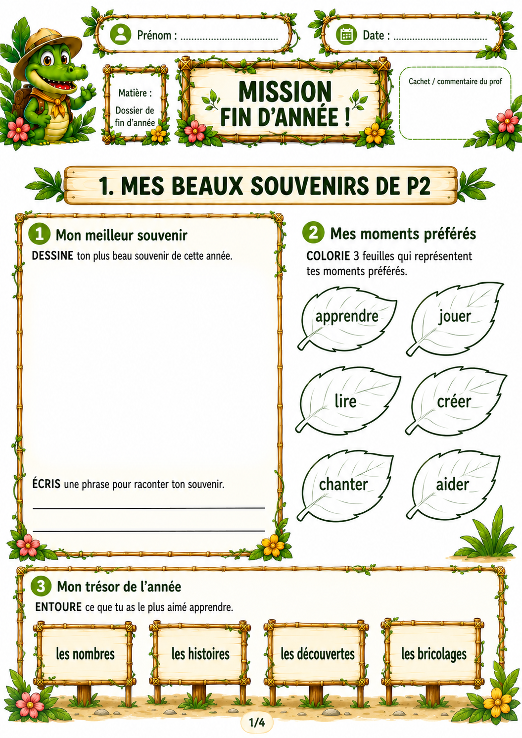 Première page d’un dossier de fin d’année P2 / CE1 sur le thème de la jungle, avec des activités de souvenirs, de coloriage et d’expression écrite.