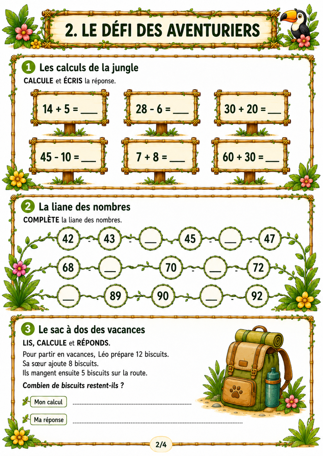 Deuxième page d’un dossier de fin d’année P2 / CE1 sur le thème de la jungle, avec des calculs, des suites numériques et un problème de vacances.