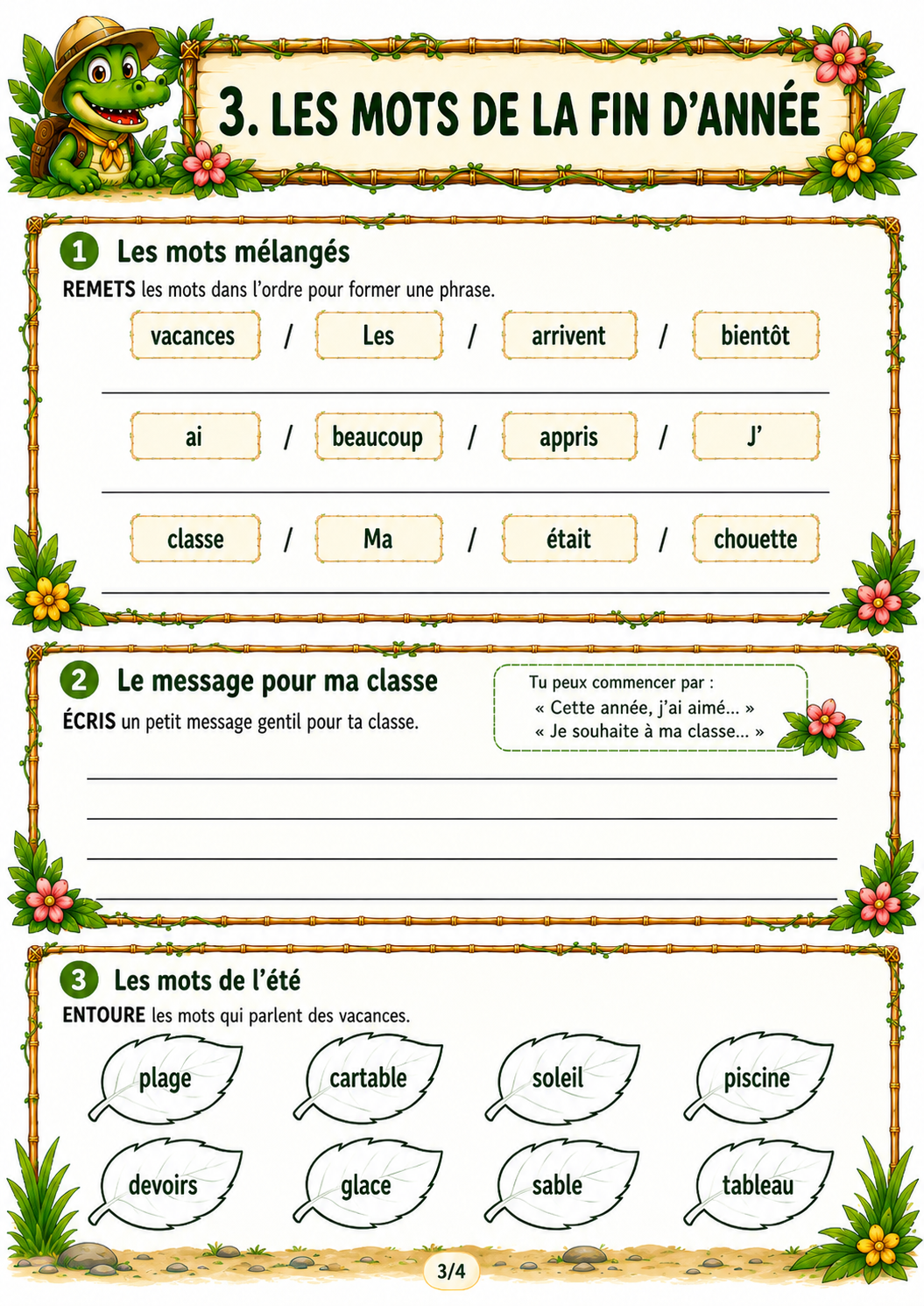 Troisième page d’un dossier de fin d’année P2 / CE1 sur le thème de la jungle, avec des phrases à remettre dans l’ordre, un message pour la classe et du vocabulaire sur les vacances.