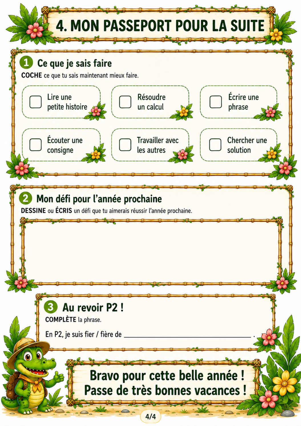 Quatrième page d’un dossier de fin d’année P2 / CE1 sur le thème de la jungle, avec une auto-observation des progrès, un défi pour l’année suivante et un message positif de fin d’année.