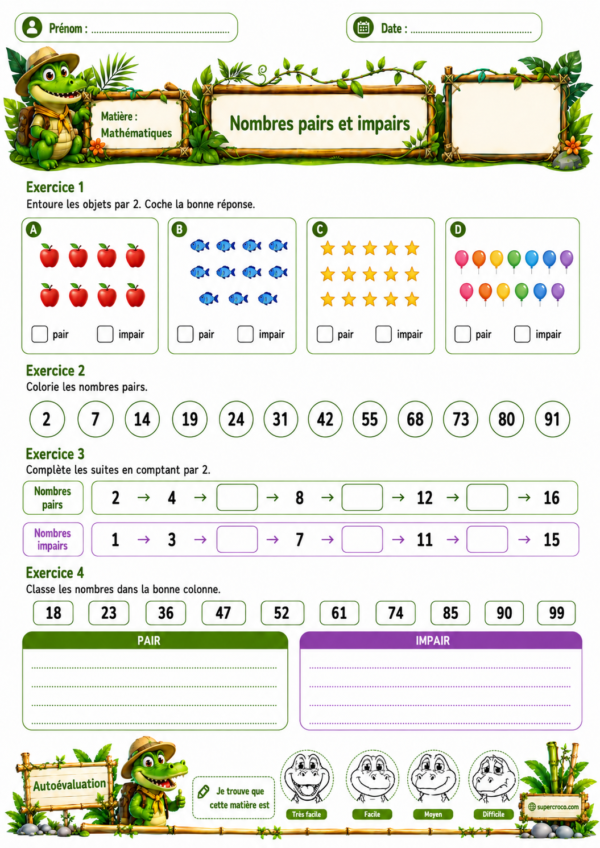Feuille d’exercices de mathématiques sur les nombres pairs et impairs pour des élèves de P2 / CE1, avec des activités de classement, de suites numériques et d’identification de nombres pairs.