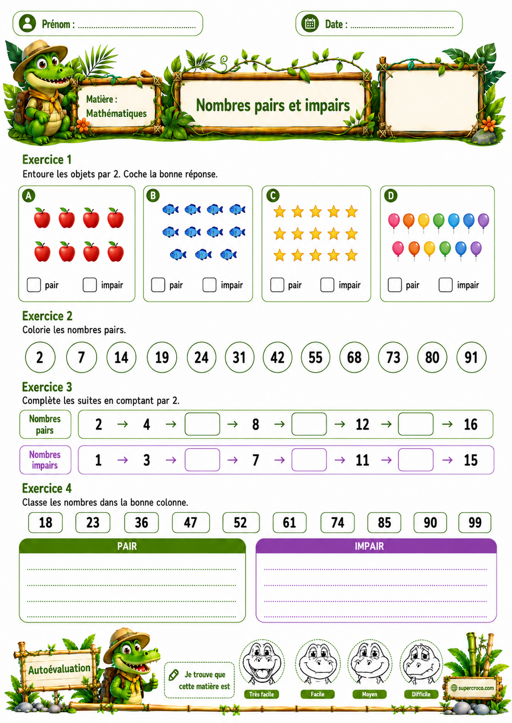 Feuille d’exercices de mathématiques sur les nombres pairs et impairs pour des élèves de P2 / CE1, avec des activités de classement, de suites numériques et d’identification de nombres pairs.