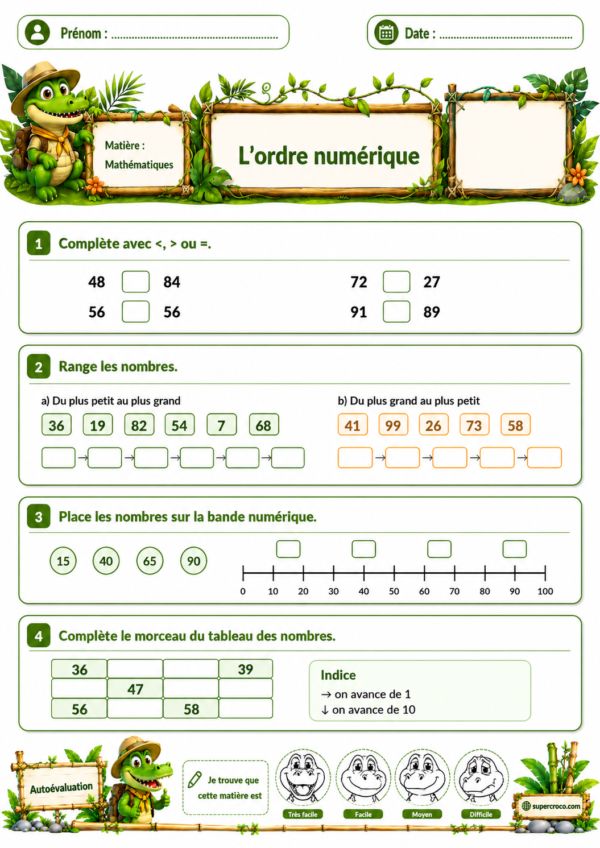 Feuille d’exercices de mathématiques sur l’ordre numérique pour les élèves de P2 / CE1, avec des activités pour comparer, ranger et placer les nombres jusqu’à 100.