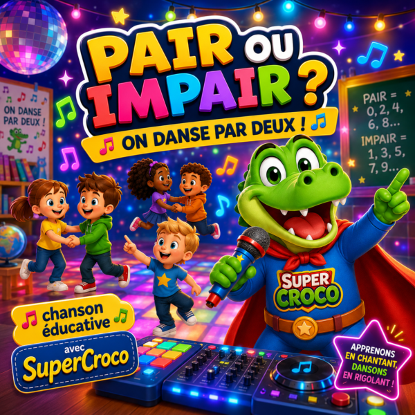 Pochette du single « Pair ou impair ? On danse par deux ! » avec SuperCroco, des enfants qui dansent par deux, une table de mixage colorée et des notes de musique sur fond blanc.