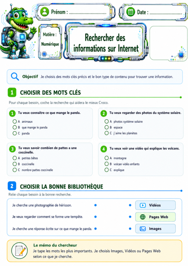 Feuille d’exercices de numérique pour P3-P4 / CE2-CM1 sur la recherche d’informations sur Internet, avec des activités pour choisir des mots-clés précis et sélectionner entre images, vidéos et pages Web.