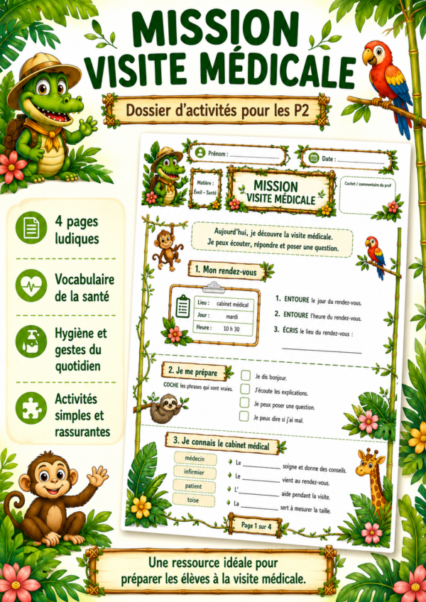 Image de présentation A4 du dossier « Mission visite médicale » pour les élèves de P2, avec un design jungle coloré, le titre en grand, la couverture du dossier mise en avant, des animaux tropicaux et une liste des points forts de la ressource.