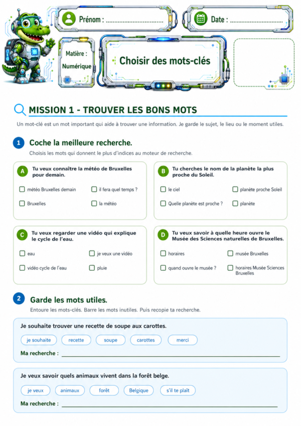 Feuille d’exercices de numérique pour apprendre à choisir des mots-clés efficaces lors d’une recherche sur Internet en P3/P4.