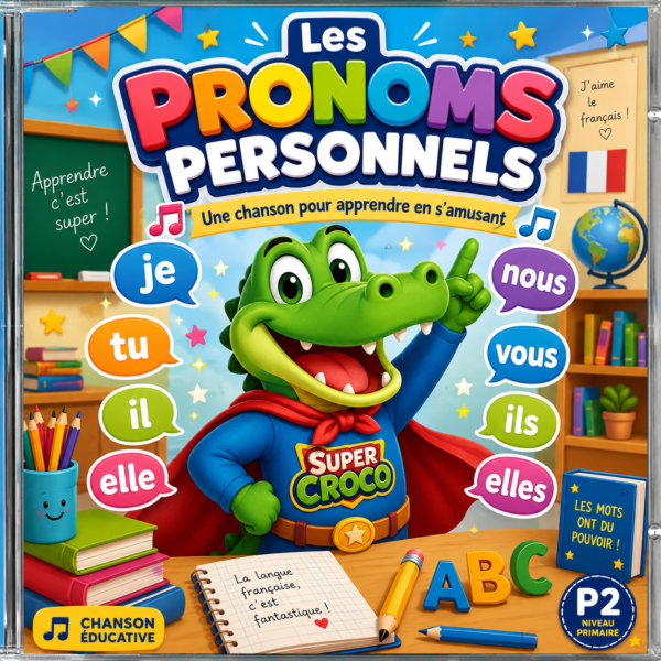 Pochette de CD éducative illustrée avec SuperCroco dans une classe, entouré des pronoms personnels je, tu, il, elle, nous, vous, ils et elles, pour apprendre le français en P2.