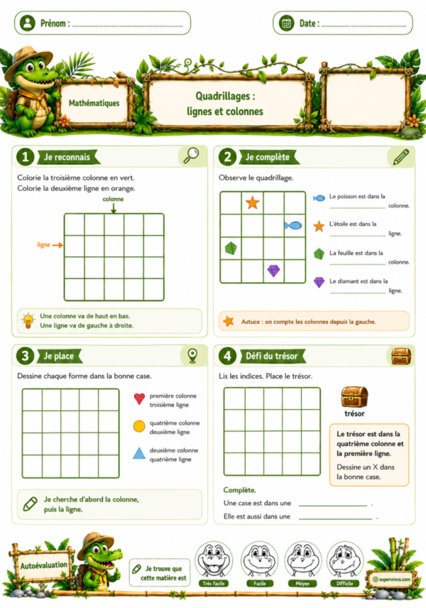 Feuille d’exercices de mathématiques sur les quadrillages pour élèves de P2 / CE1, avec un thème jungle et SuperCroco. Les activités permettent de travailler les lignes, les colonnes, les cases et le placement d’éléments dans un quadrillage.