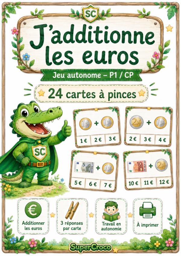 Jeu Additionner les euros P1 CP avec 24 cartes à pinces illustrées sur le thème SuperCroco.