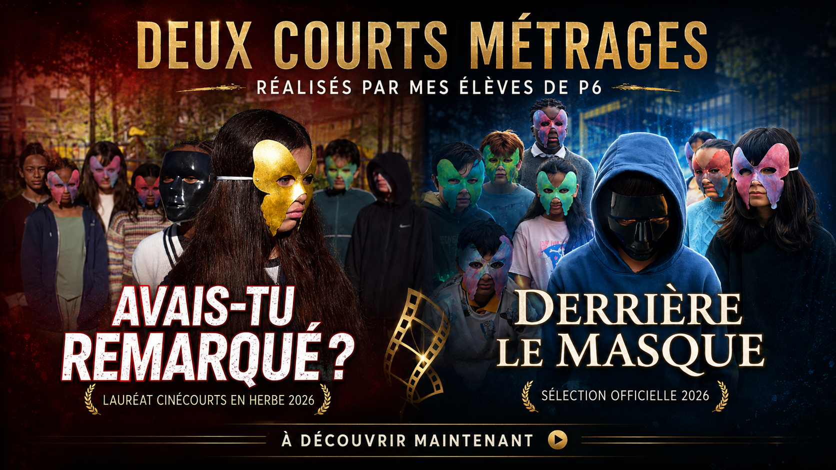 Courts-metrages-scolaires-avais-tu-remarque-derriere-le-masque Affiche présentant les courts métrages scolaires « Avais-tu remarqué ? » et « Derrière le masque », réalisés par mes élèves de P6.