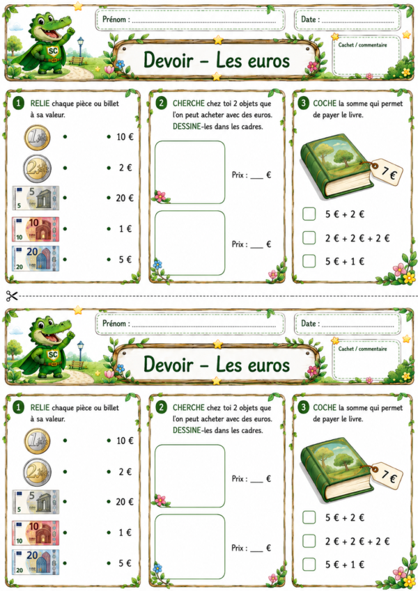 Devoir sur les euros en P1 CP avec pièces de 1 € et 2 €, billets de 5 €, 10 € et 20 € et exercices à découper.