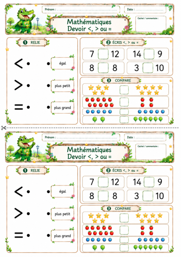 Plus petit, plus grand ou égal : devoir de mathématiques P1 CP avec les signes et =