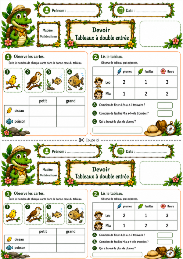 Devoir P1 sur les tableaux à double entrée avec un thème jungle et deux exercices à découper.