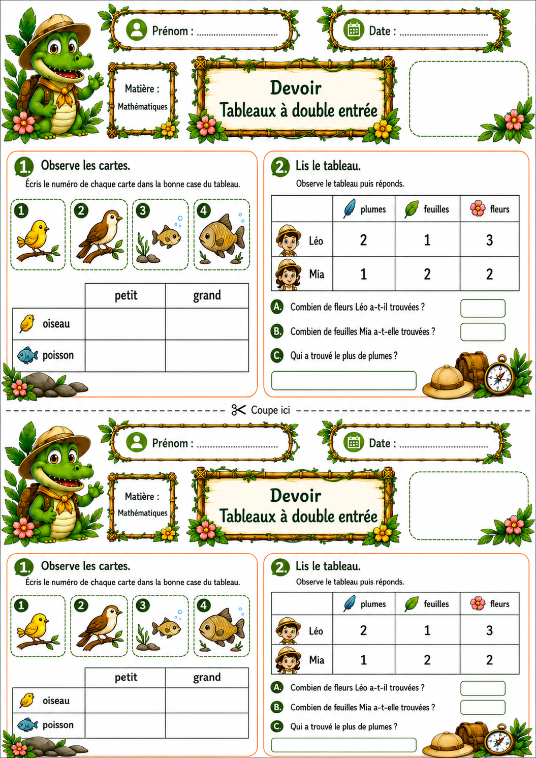 Devoir P1 sur les tableaux à double entrée avec un thème jungle et deux exercices à découper.