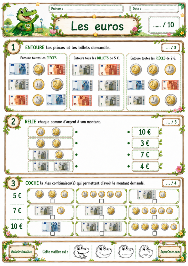 Évaluation illustrée sur les euros pour la première primaire avec des pièces, des billets et trois exercices notés sur 10.