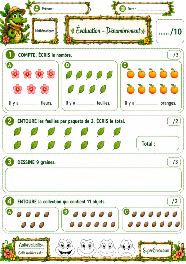 Évaluation P1 / CP sur le dénombrement avec des collections de fleurs, feuilles, oranges et graines à compter ou à entourer.
