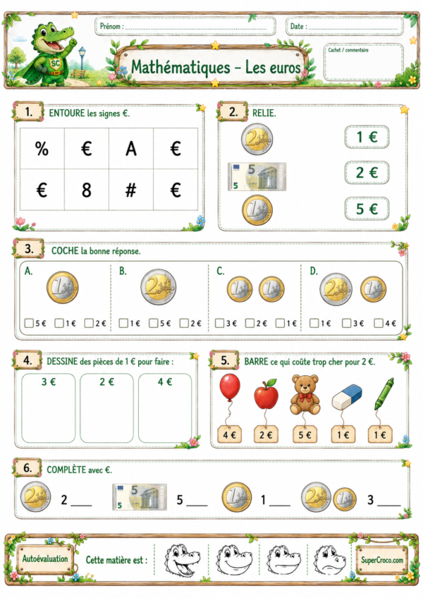 Feuille d’exercices sur les euros pour les élèves de P1 / CP avec pièces, billet de 5 €, objets et autoévaluation.
