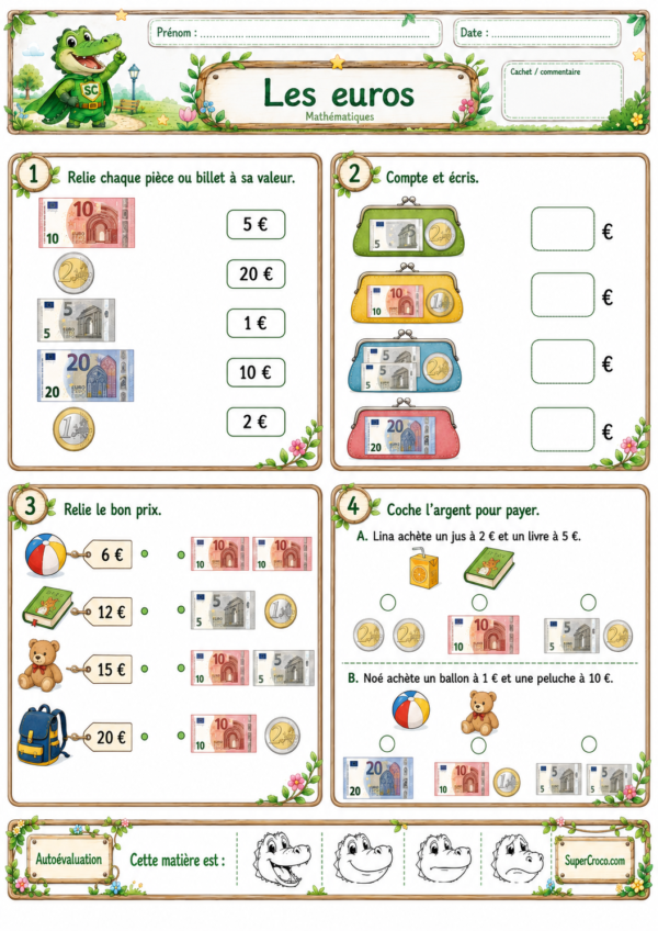 Les euros P1 CP – Exercices pour reconnaitre les pièces et les billets et compter des sommes