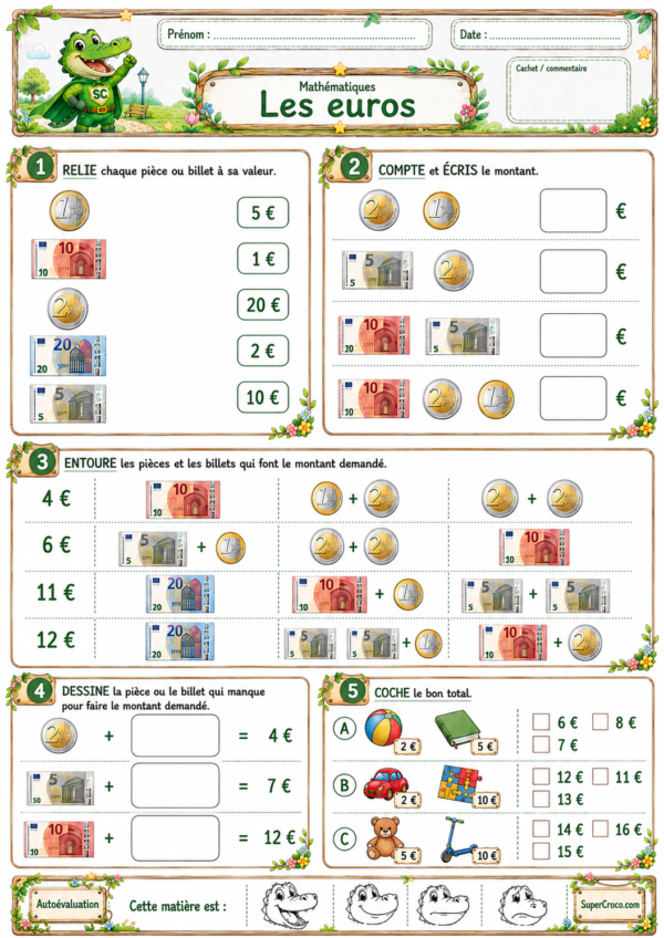 Exercices sur les euros P1 CP avec pièces, billets et calcul de petites sommes