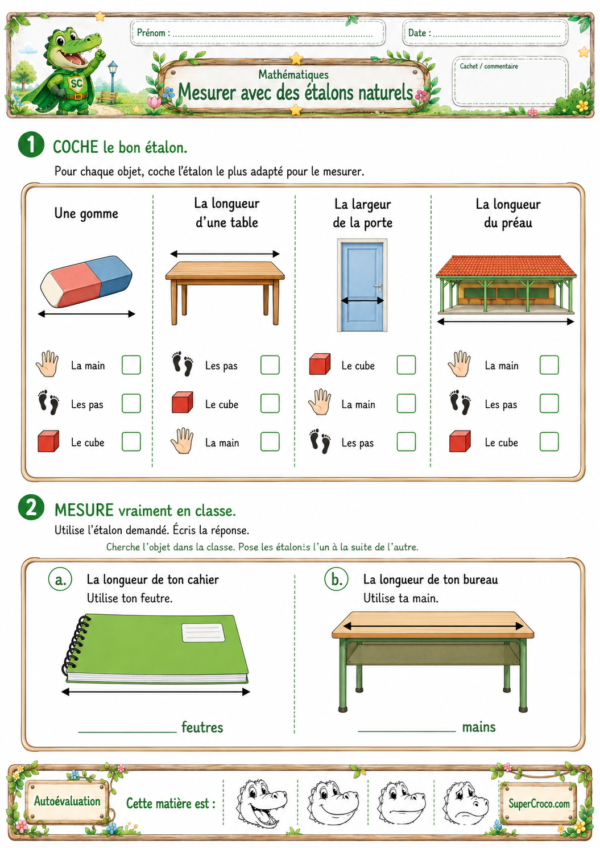 Feuille d’exercices Première Primaire pour mesurer des longueurs avec des étalons naturels : main, pas, cube et feutre.