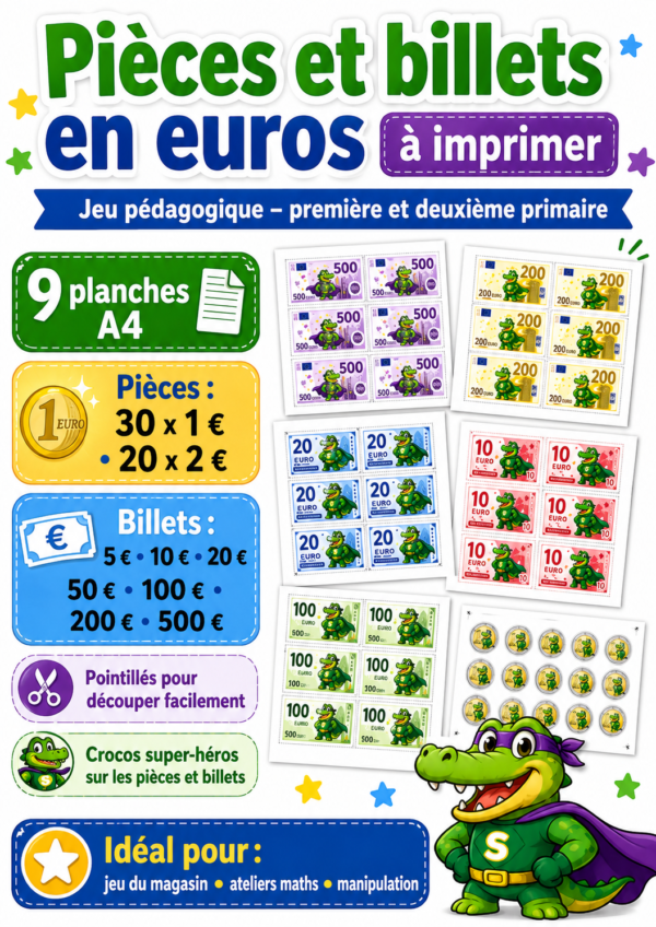 Pièces et billets en euros à imprimer pour apprendre la monnaie en primaire