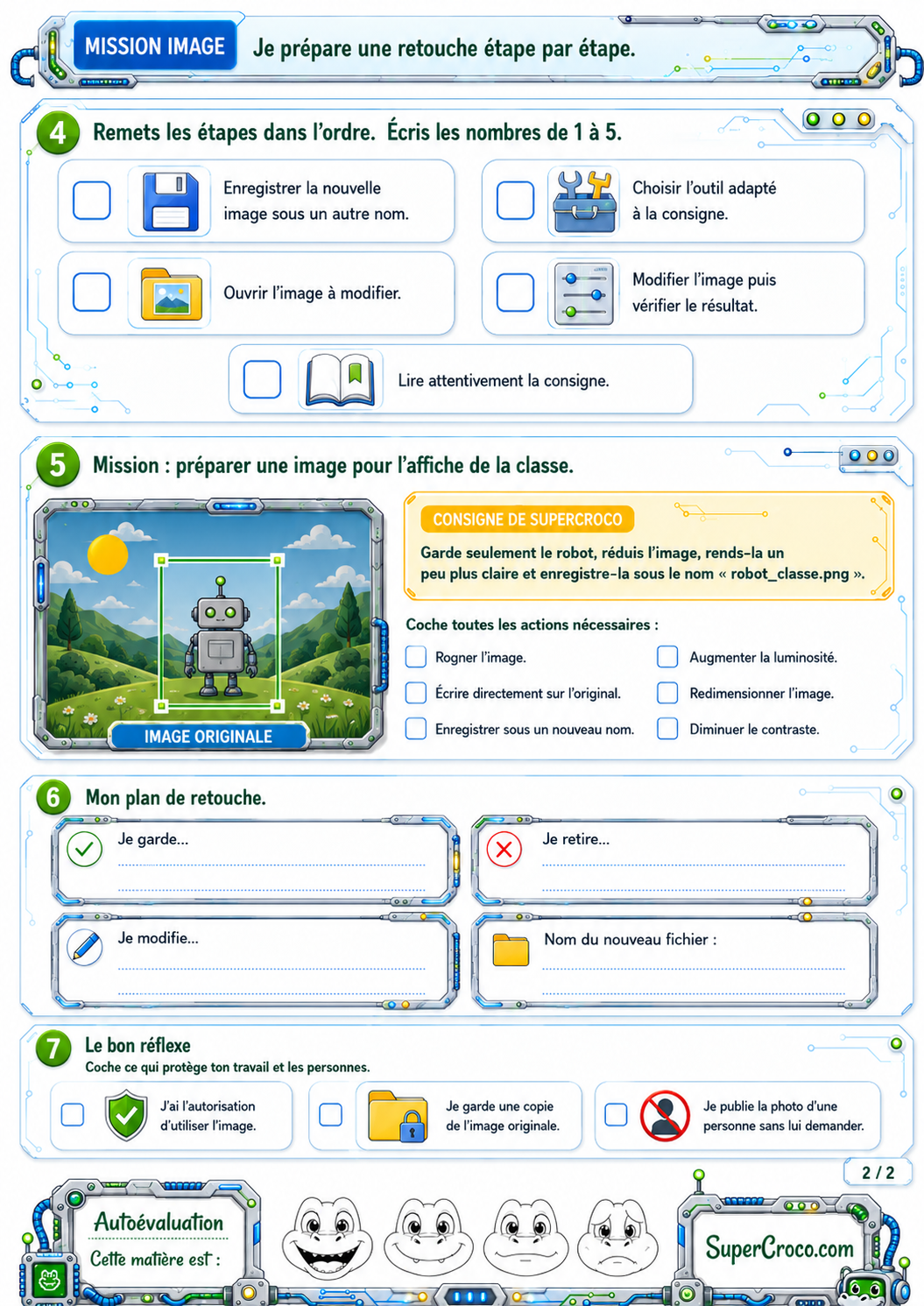 Deuxième feuille d’exercices sur le traitement d’une image pour les élèves de troisième primaire et de CE2, avec une mission de retouche, la remise en ordre des étapes, un plan de modification et les bons réflexes à adopter.