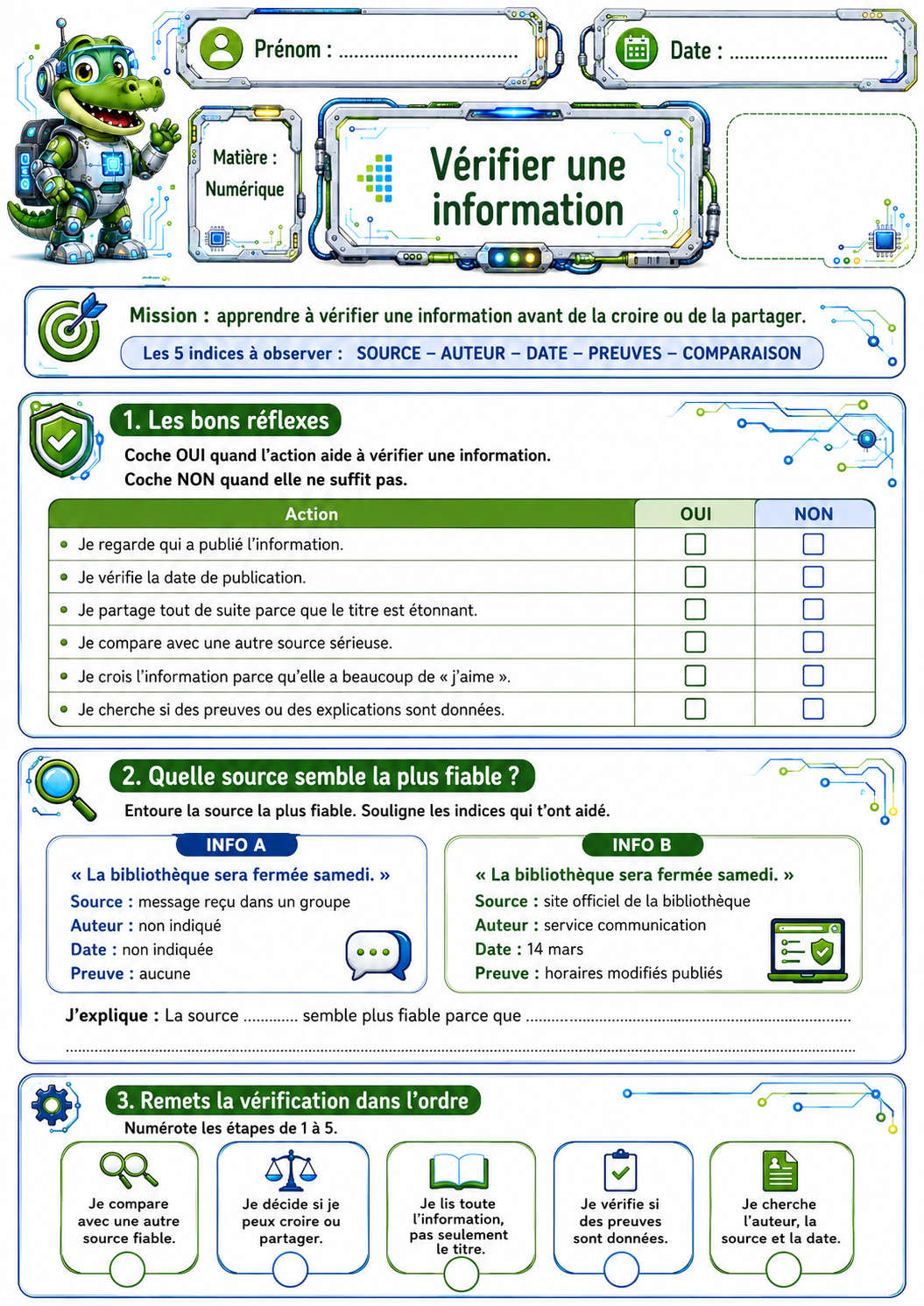 Première page d’exercices sur la vérification d’une information pour les élèves de troisième et quatrième primaires / CE2-CM1, avec activités sur la source, l’auteur, la date, les preuves et la comparaison des informations.