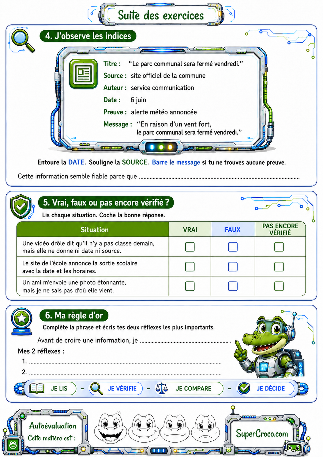 Deuxième page d’exercices sur la vérification d’une information pour les élèves de troisième et quatrième primaires / CE2-CM1, avec activités d’observation, de tri d’informations et de réflexion sur les bons réflexes numériques.