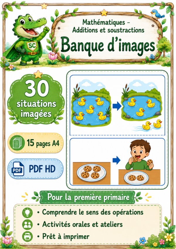 Banque d’images d’additions et de soustractions pour la première primaire – 30 situations illustrées