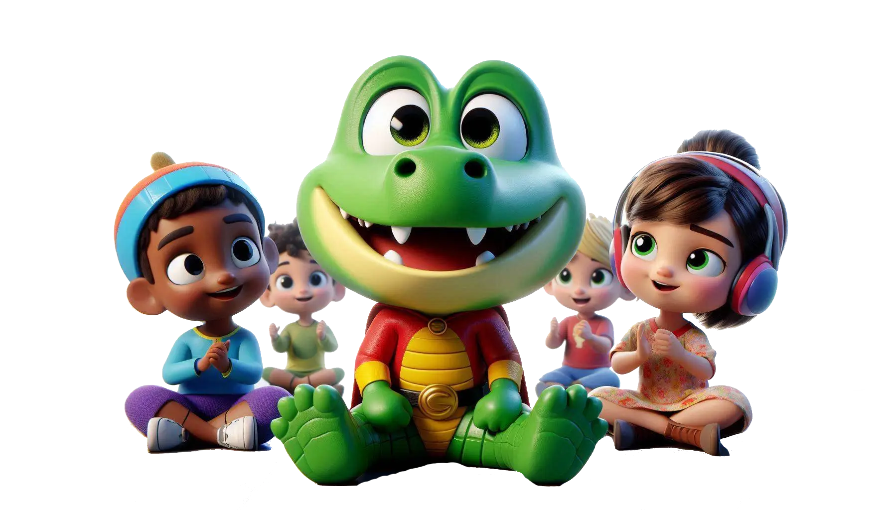 SuperCroco apprend les matières scolaires en musique avec des notes, des livres et des symboles éducatifs.