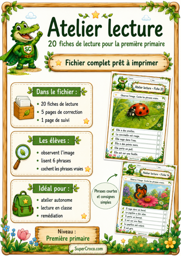 Atelier lecture CP et première primaire avec 20 fiches illustrées, corrections et page de suivi