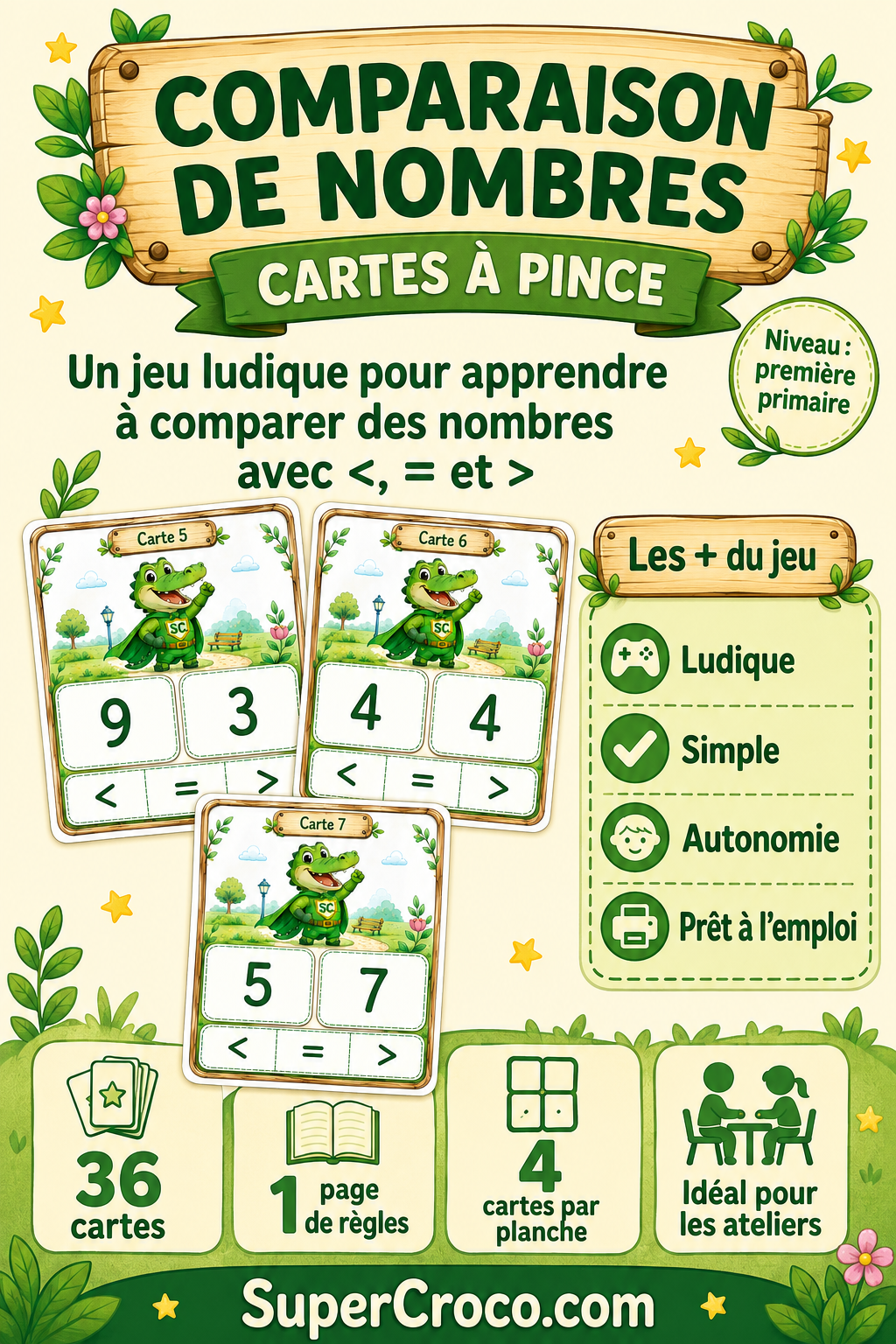 Comparaison de nombres avec les signes inférieur, égal et supérieur, jeu de cartes à pince SuperCroco pour la première primaire.