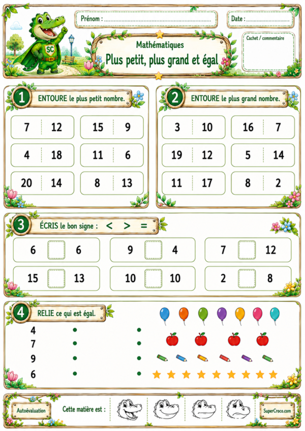 Plus petit, plus grand et égal en P1 CP – feuille d’exercices illustrée pour comparer les nombres jusqu’à 20 avec les signes inférieur, supérieur et égal.