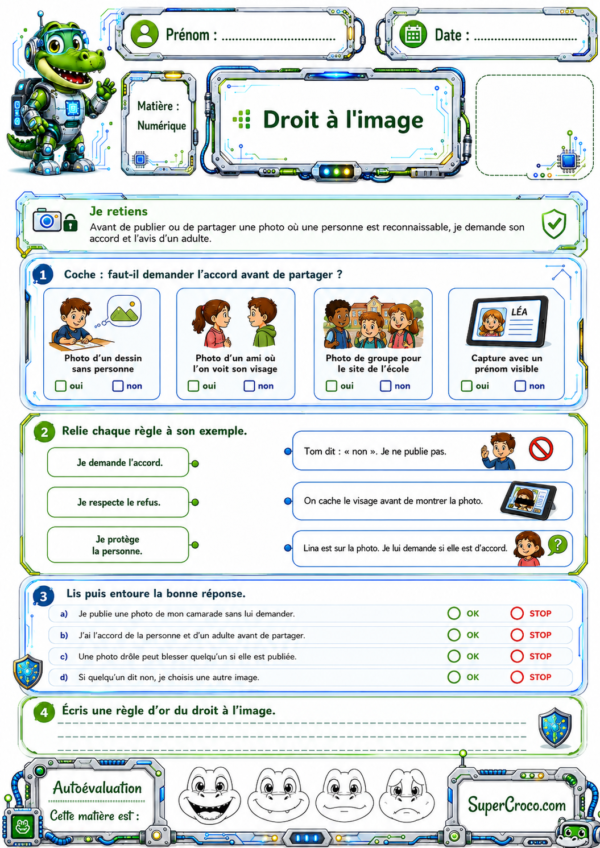 Feuille d’exercices P3-P4 / CE2-CM1 sur le droit à l’image, avec des activités pour apprendre à demander l’accord avant de partager une photo et à protéger les personnes en ligne.