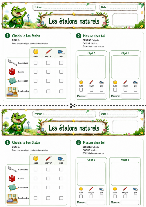 Étalons naturels en première primaire : mesurer une cuillère, un dé, un coussin et une chambre avec un cube, un crayon ou des pas.