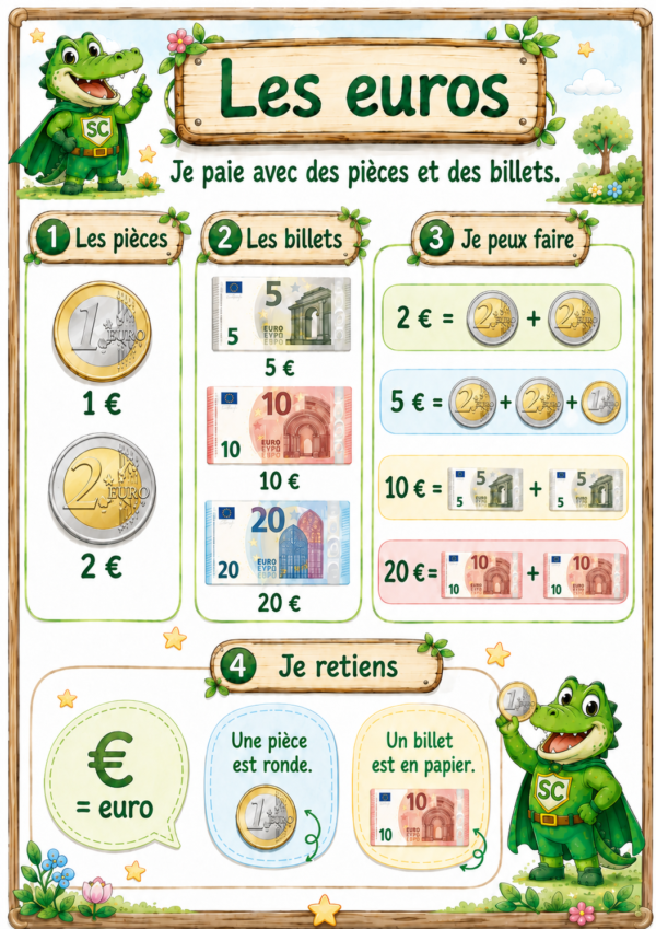 Les euros en première primaire – Panneau A3 illustré présentant les pièces de 1 € et 2 €, les billets de 5 €, 10 € et 20 € et des compositions de sommes.