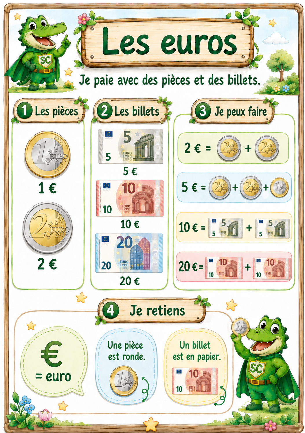 Les euros en première primaire – Panneau A3 illustré présentant les pièces de 1 € et 2 €, les billets de 5 €, 10 € et 20 € et des compositions de sommes.