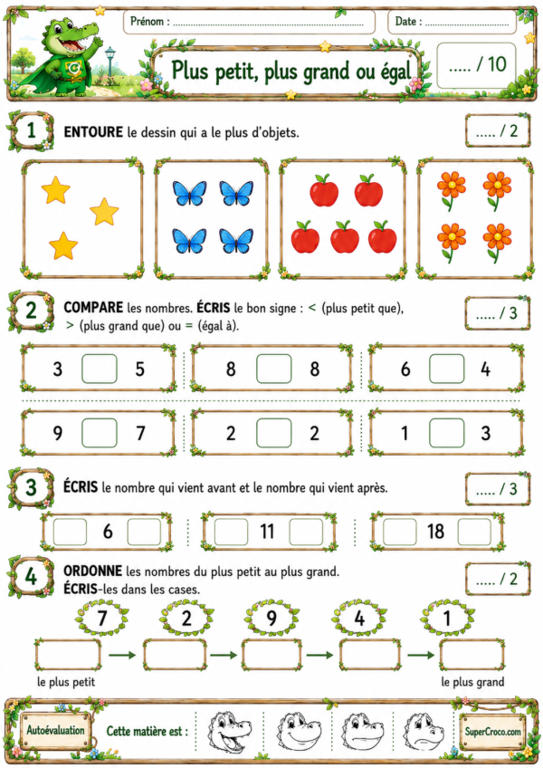 Évaluation plus petit, plus grand ou égal P1 CP avec exercices de comparaison des nombres