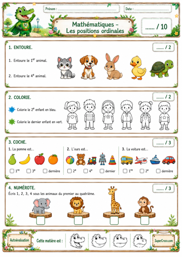 Les positions ordinales – Évaluation illustrée de mathématiques pour les élèves de P1 / CP