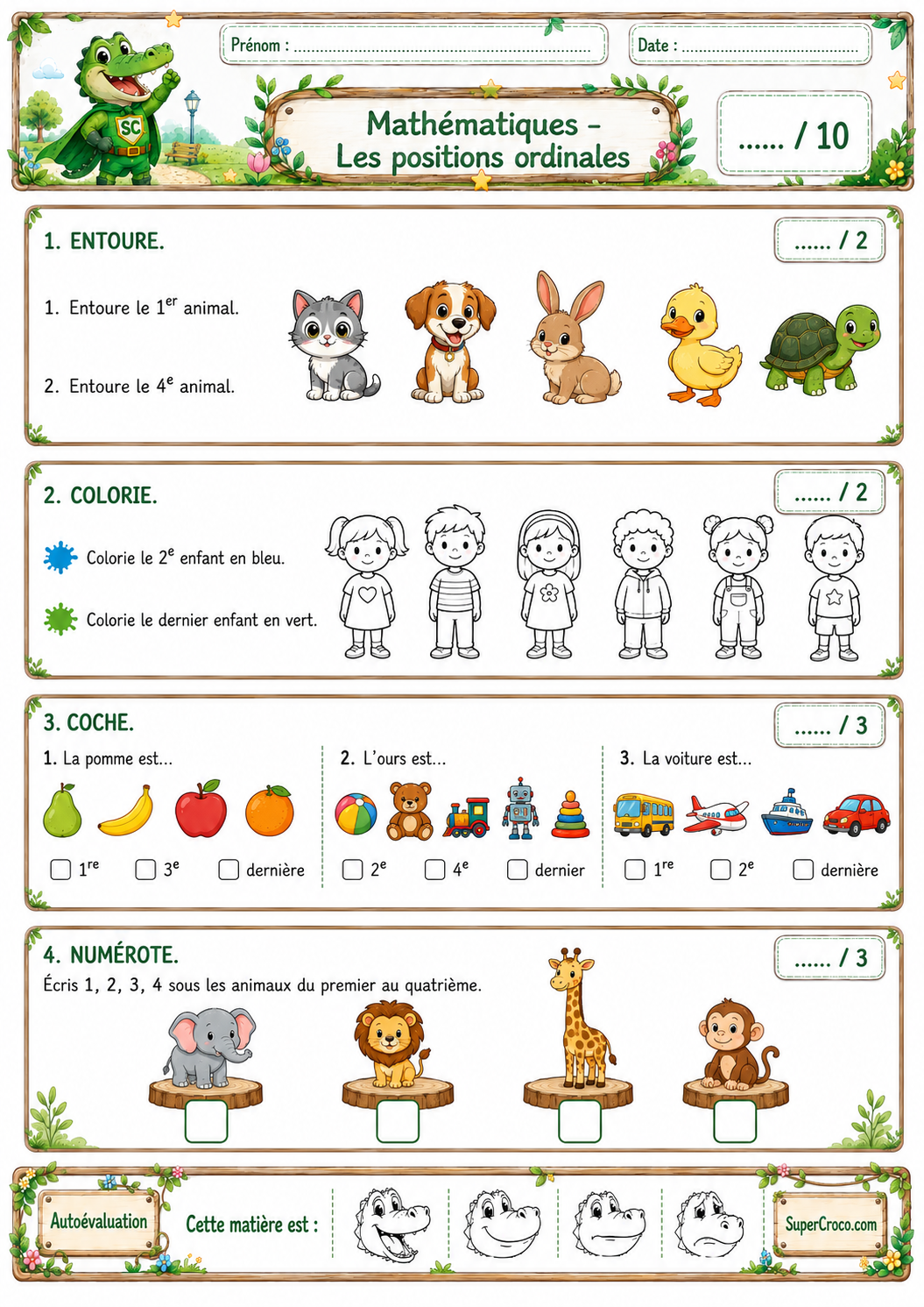 Les positions ordinales – Évaluation illustrée de mathématiques pour les élèves de P1 / CP