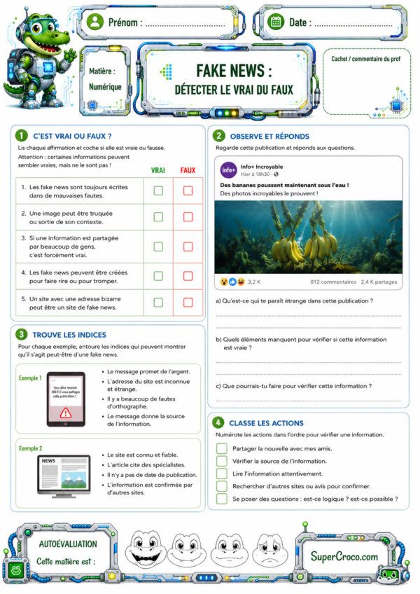 Feuille d’exercices illustrée sur les fake news en numérique pour apprendre à repérer une information douteuse et à vérifier sa fiabilité.