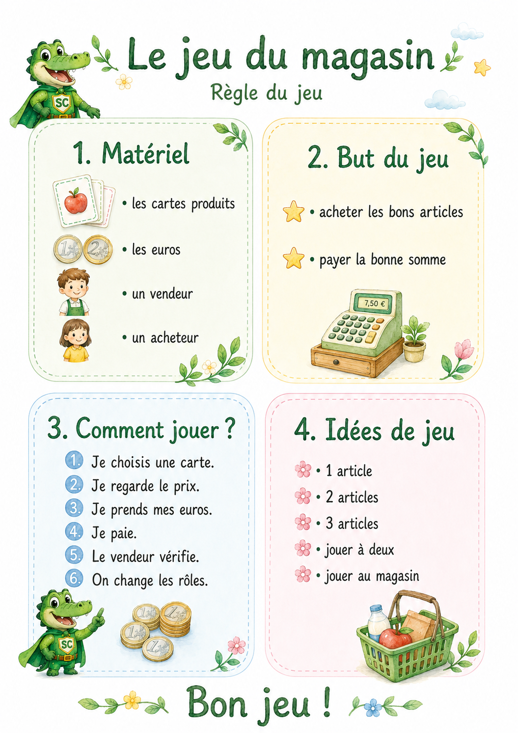 Règles du jeu du magasin avec les euros pour la première primaire et le CP, avec le matériel, le but et les étapes du jeu.