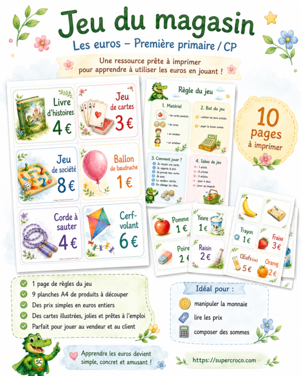 Jeu du magasin avec les euros pour la première primaire et le CP, avec aperçu des cartes produits, de la page de règles et du contenu du jeu.