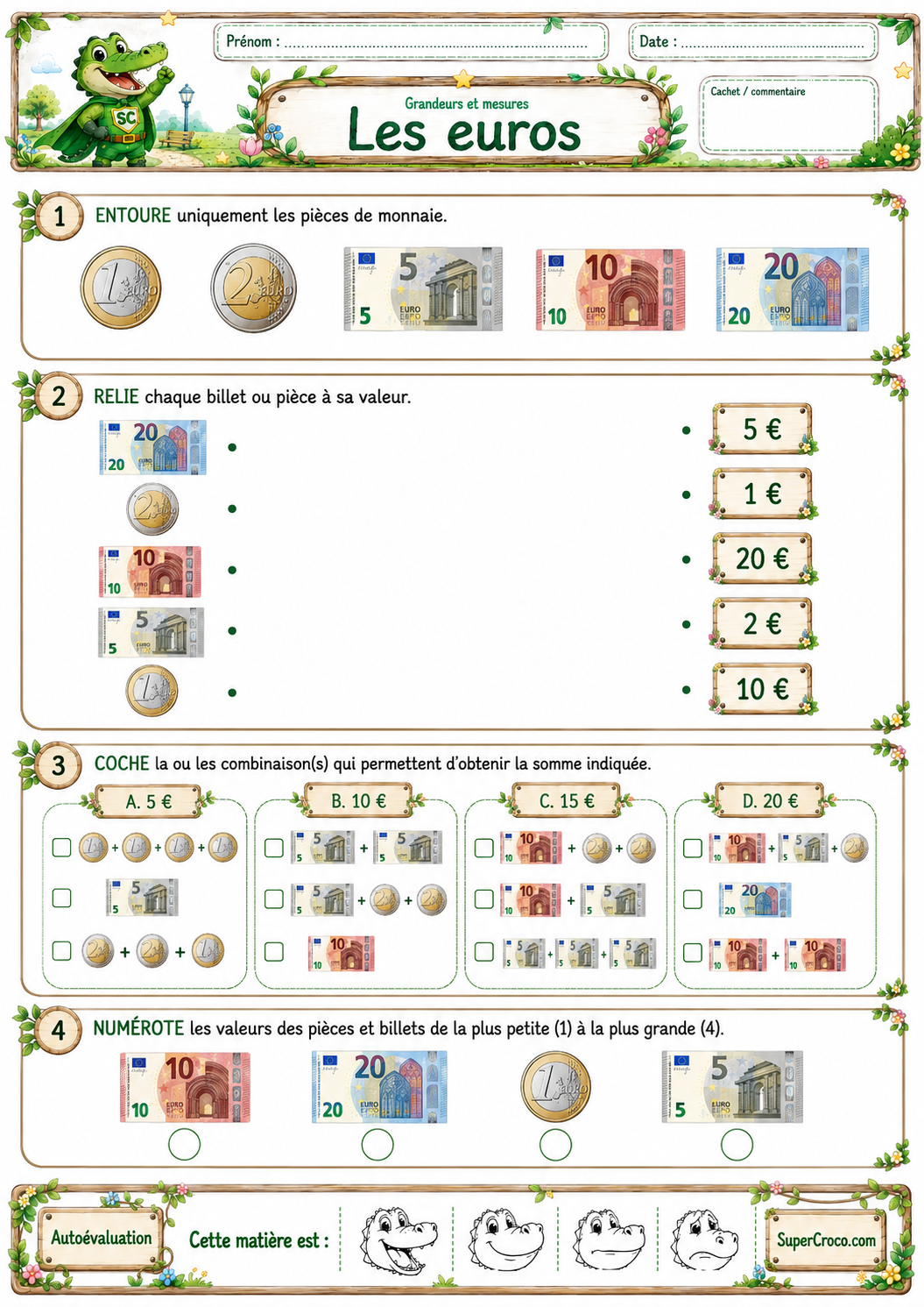 Feuille d’exercices sur les euros pour P1 / CP avec pièces, billets et activités de monnaie à imprimer.