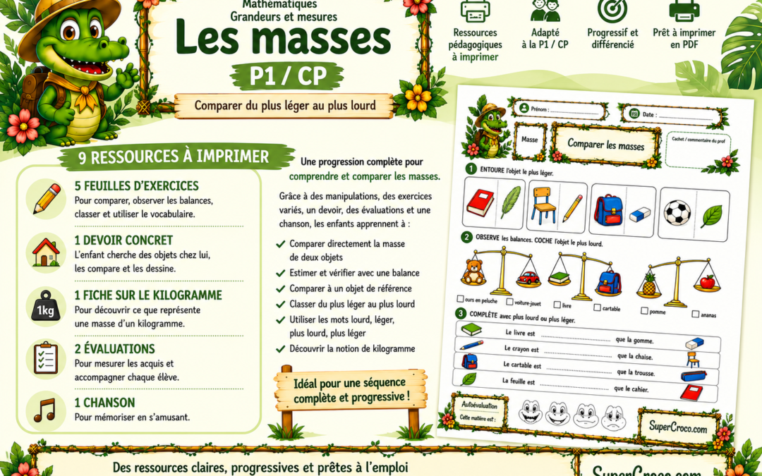 Masses P1 / CP – Exercices, devoir, évaluation et activités
