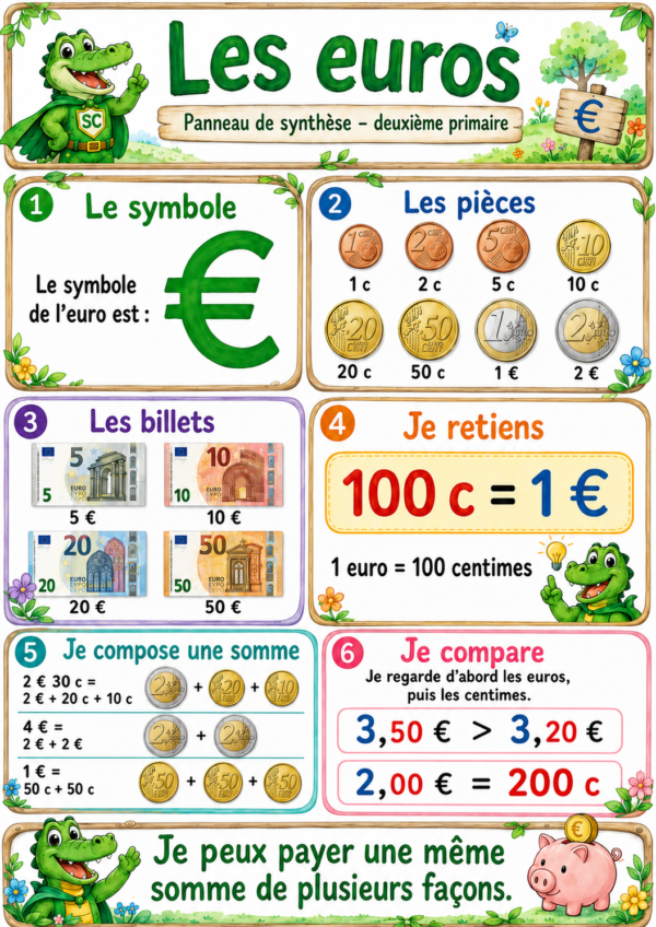 Les euros – Panneau de synthèse A3 illustré pour apprendre les pièces, les billets et les centimes en deuxième primaire.