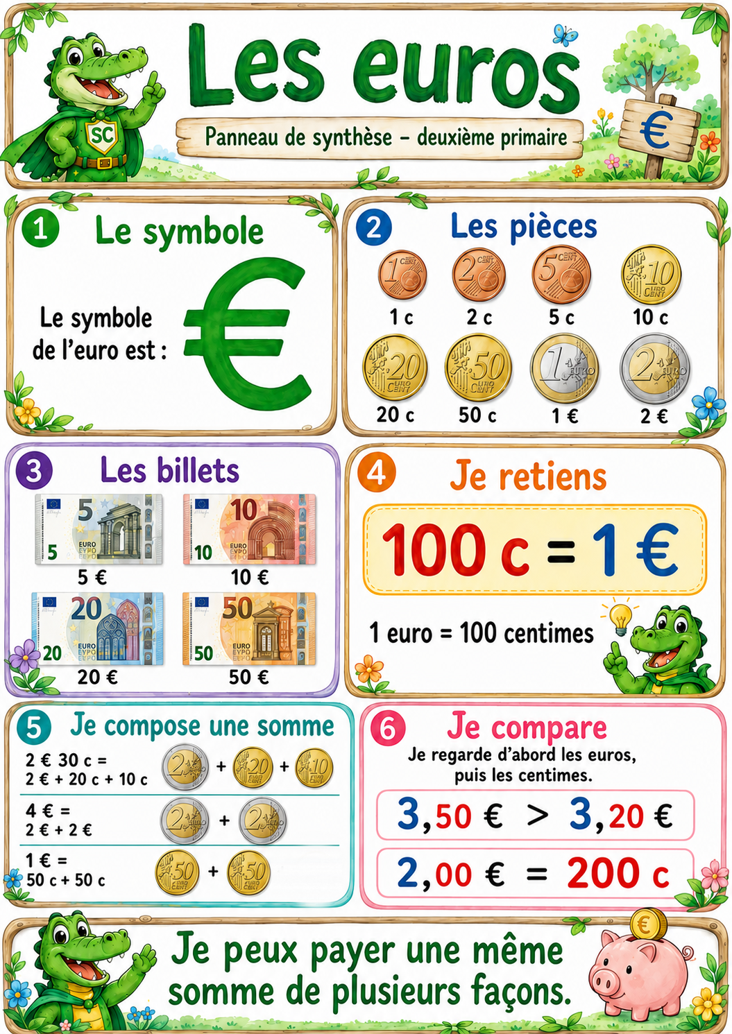 Les euros – Panneau de synthèse A3 illustré pour apprendre les pièces, les billets et les centimes en deuxième primaire.